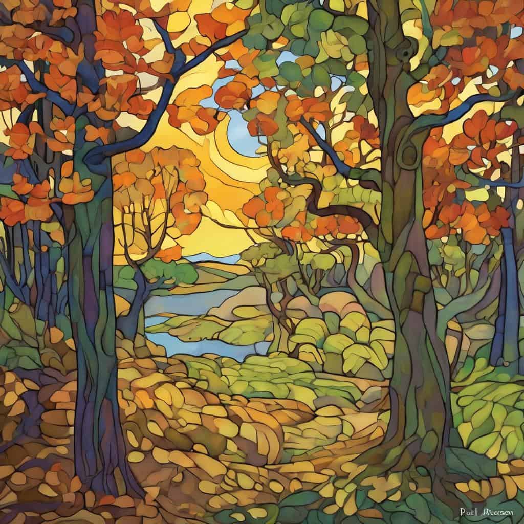 Παραθυριστική φύση με δέντρα το φθινόπωρο, ηλιοβασίλεμα και ποτάμι σε ψηφιακό ζωγραφικό στυλ.