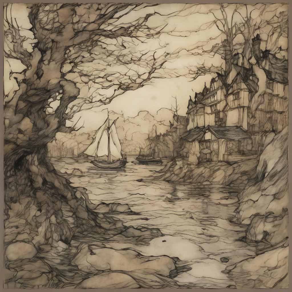 Λιμάνι με σκάφη και παλιά σπίτια, σε σκίτσο με έμφαση στην παραδοσιακή αρχιτεκτονική και την ατμόσφαιρα της θάλασσας.