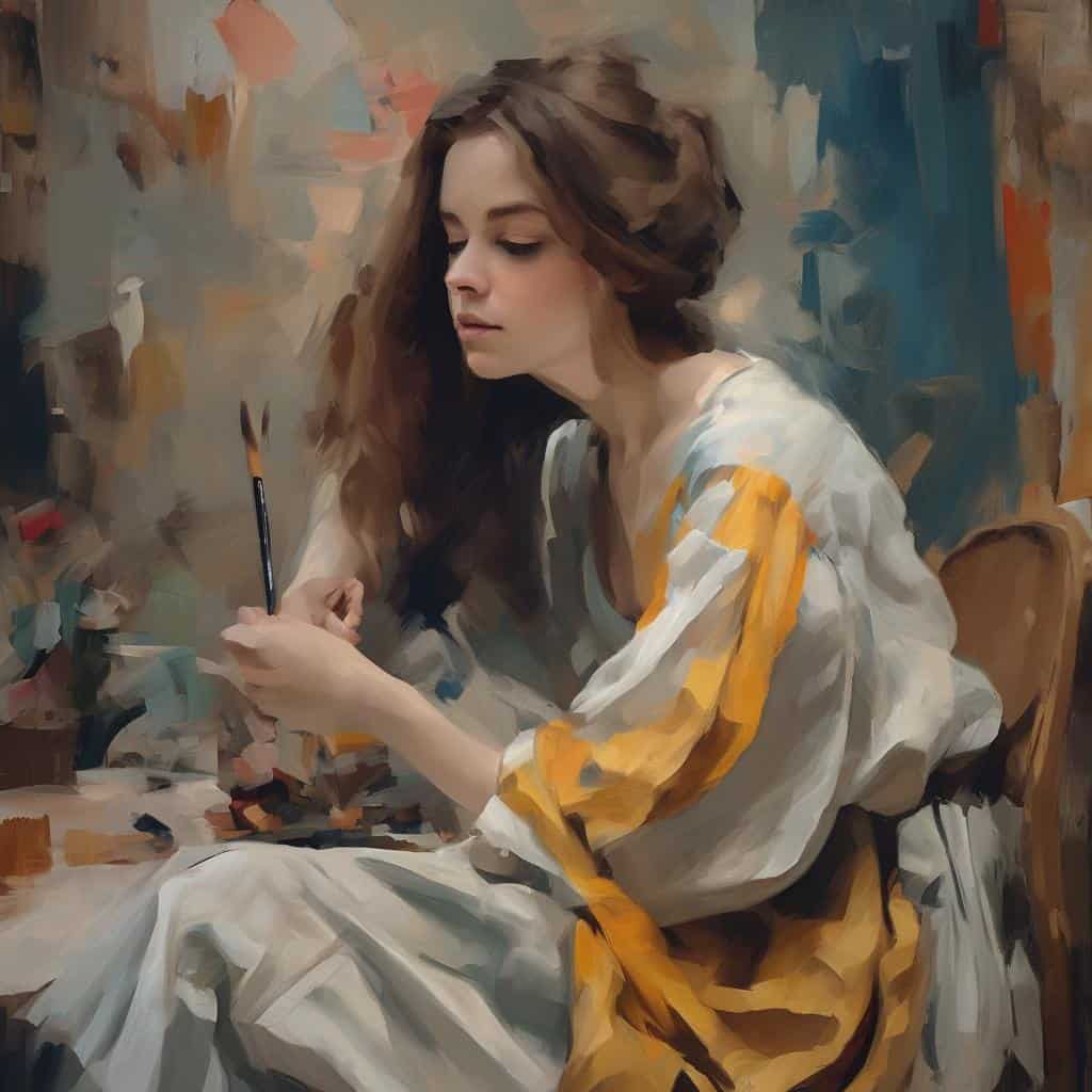 Ζωγράφος γυναίκα σε στούντιο, δημιουργικότητα και τέχνη, εμπνευσμένοι δημιουργοί, καλλιτέχνες, ερασιτέχνες και επαγγελματίες.