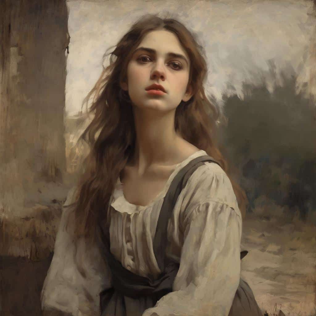 Ομορφιά και τέχνη: Έγχρωμο πορτρέτο νεαρής γυναίκας με λευκό πουκάμισο και καφέ φορέματα, σε ρεαλιστικό στυλ, με έμφαση στη φυσική ομορφιά και την εκφραστικότητα, ιδανικό για θέματα δημιουργικότητας και έμπνευσης.