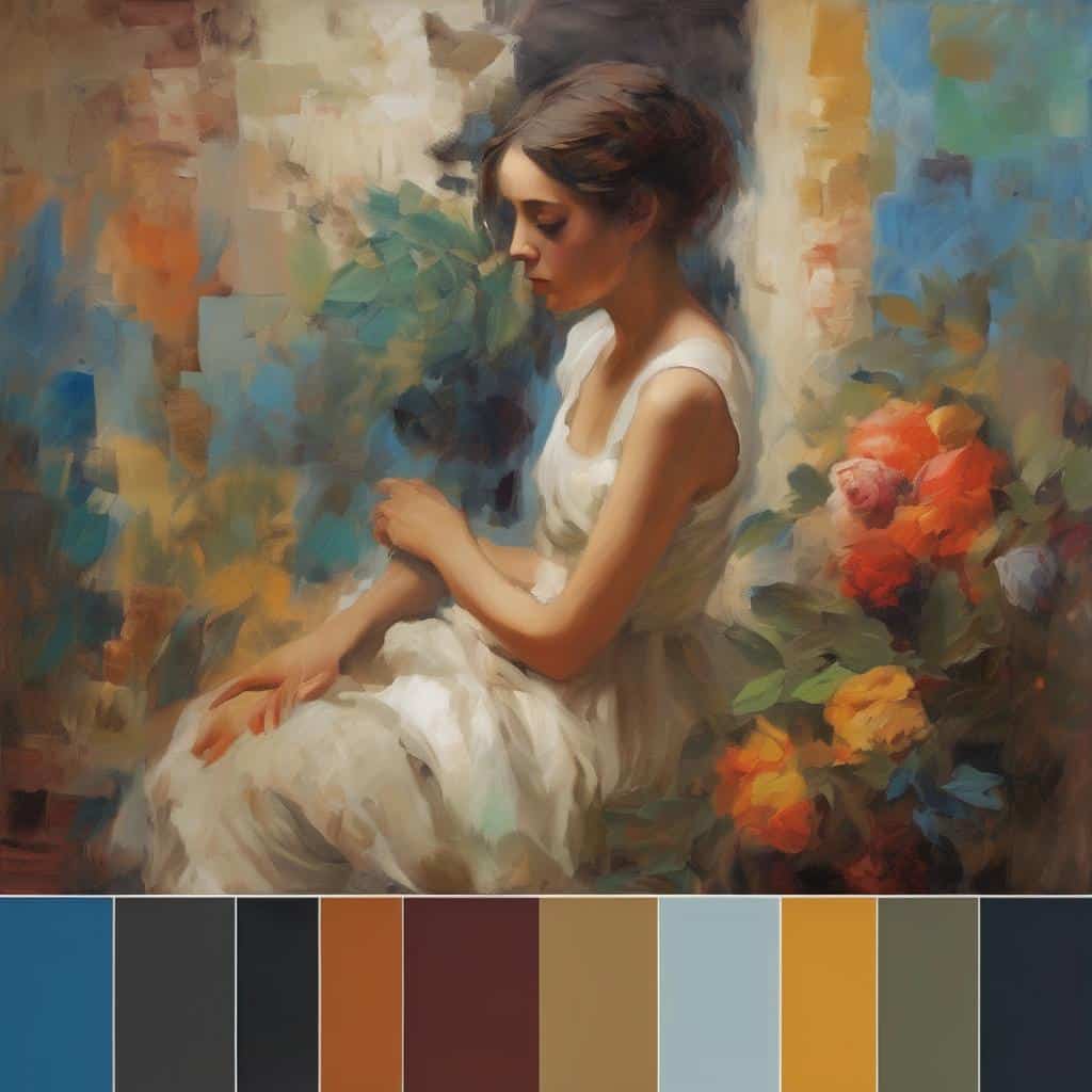 Χαρακτηριστικά πίνακα ζωγραφικής με νεαρή γυναίκα σε λευκό φόρεμα, καλλιτέχνημα με έμπνευση και μυστικά δημιουργίας.