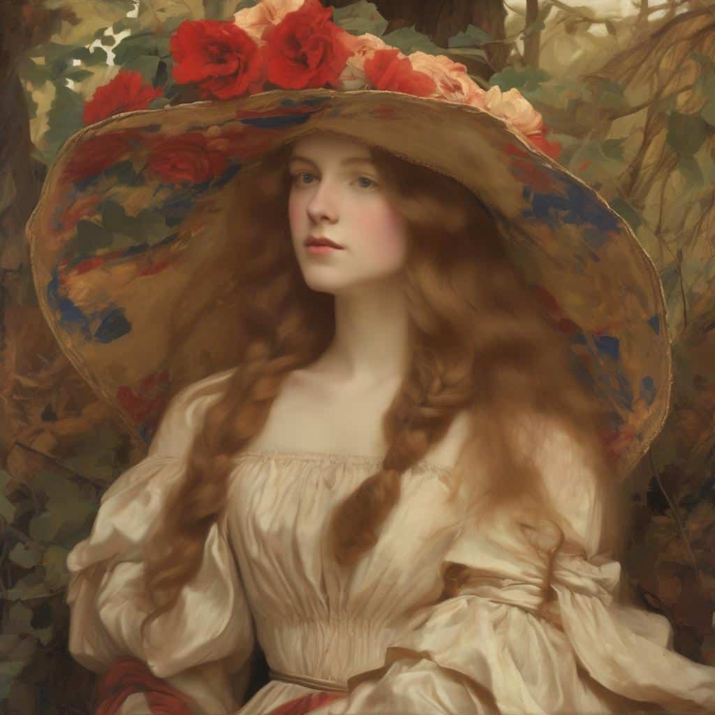 Λεζάντα: Νεαρή γυναίκα με καστανά μακριά μαλλιά και μεγάλο καπέλο με λουλούδια, σε καλλιτεχνικό φόντο με ανθισμένα στοιχεία.