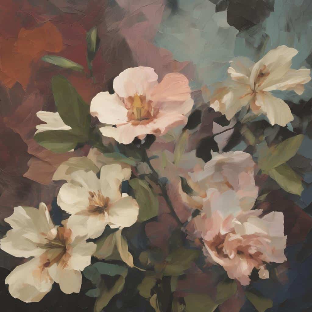 Λουλούδια σε ρόζ και λευκό με πράσινα φύλλα, πορτραίτο ζωγραφικής σε στυλ εμπνευσμένων δημιουργών, τέχνη με έμφαση στην ομορφιά και την έκφραση.